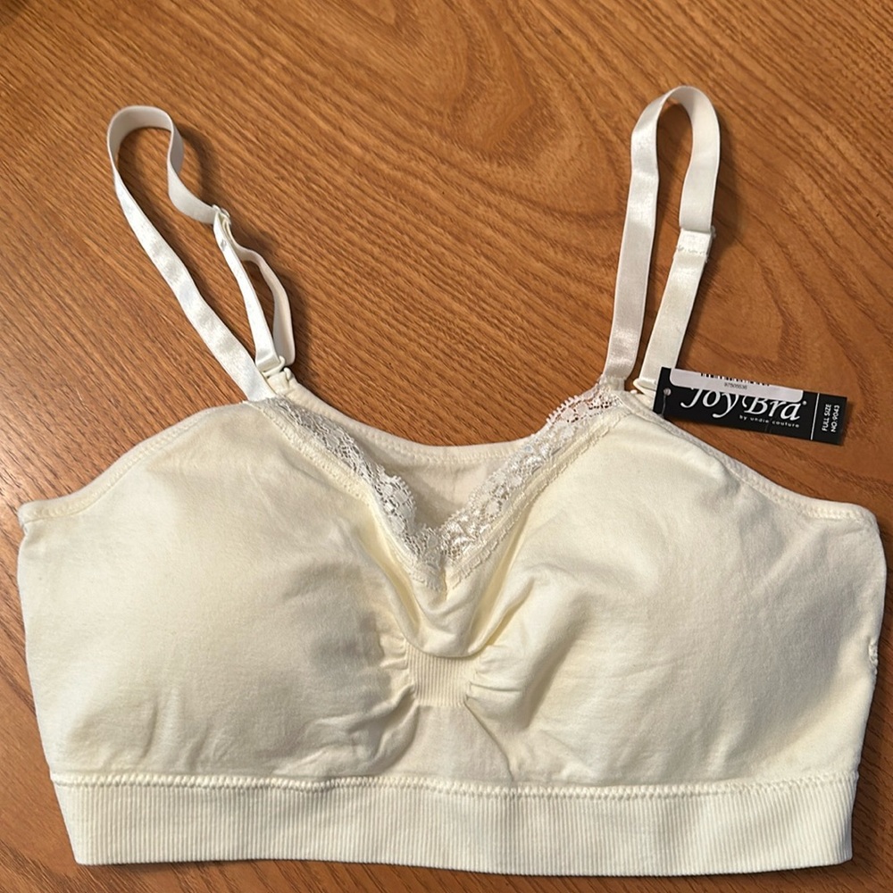 NWT Joy Bra with padding and lace trim. One size
Very light yellow.